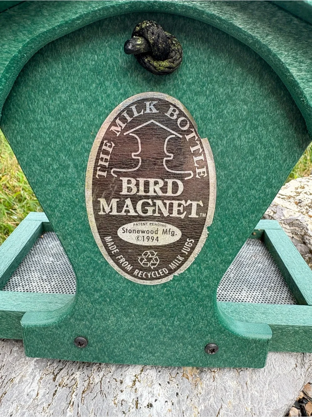 The Milk Bottle Vintage Bird Magnet Green Bird Feeder made from recycled bottles
